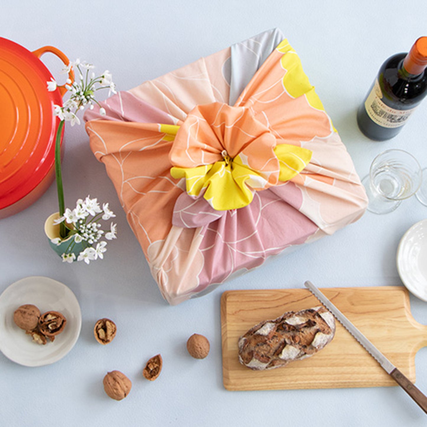 Furoshiki Adeline Klam Hime Musubi Pivoines en coton bio 100 cm