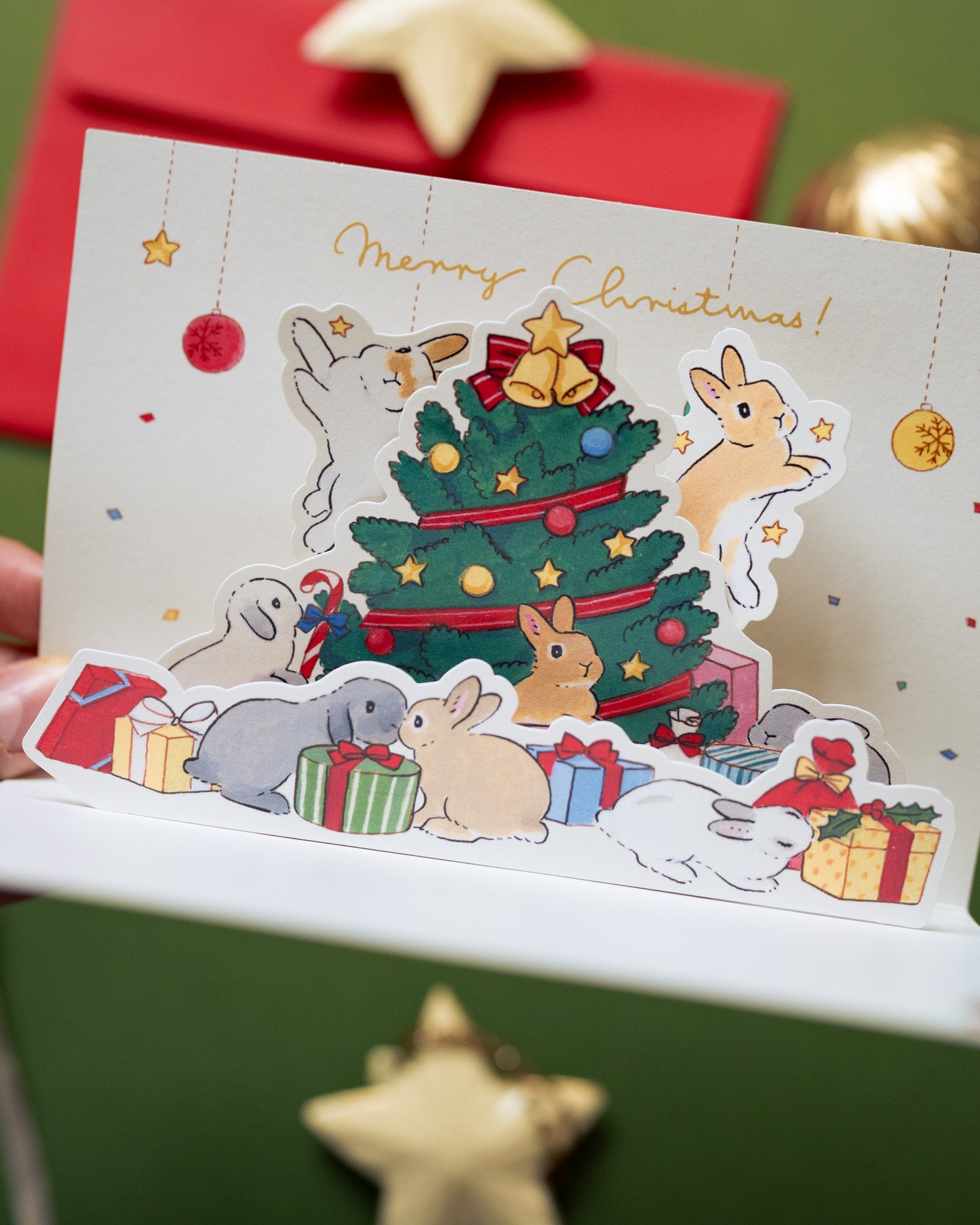 Carte de Noël Pop-up Lapins et cadeaux