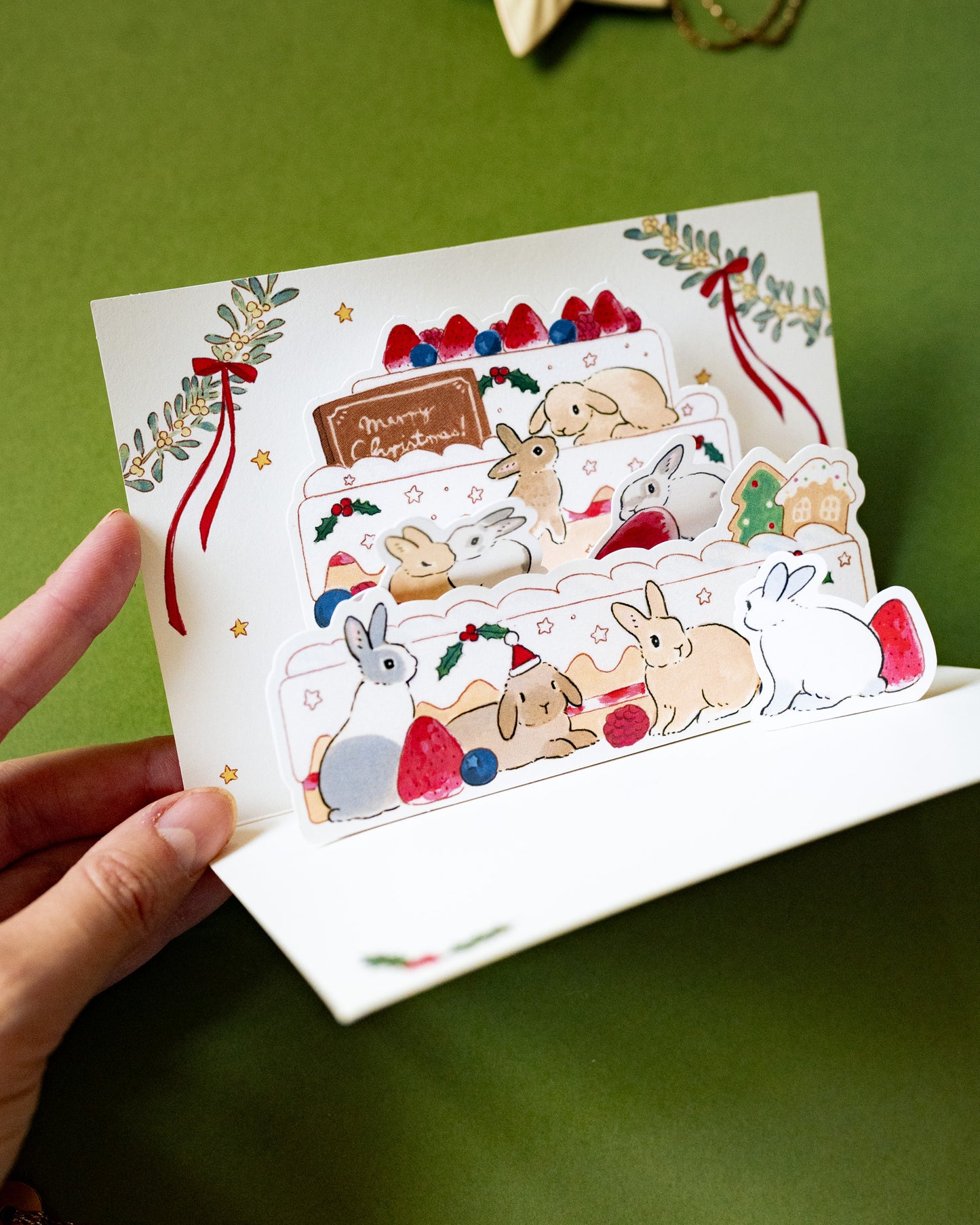 Pop-Up Christmas Card Rabbits and Cakes