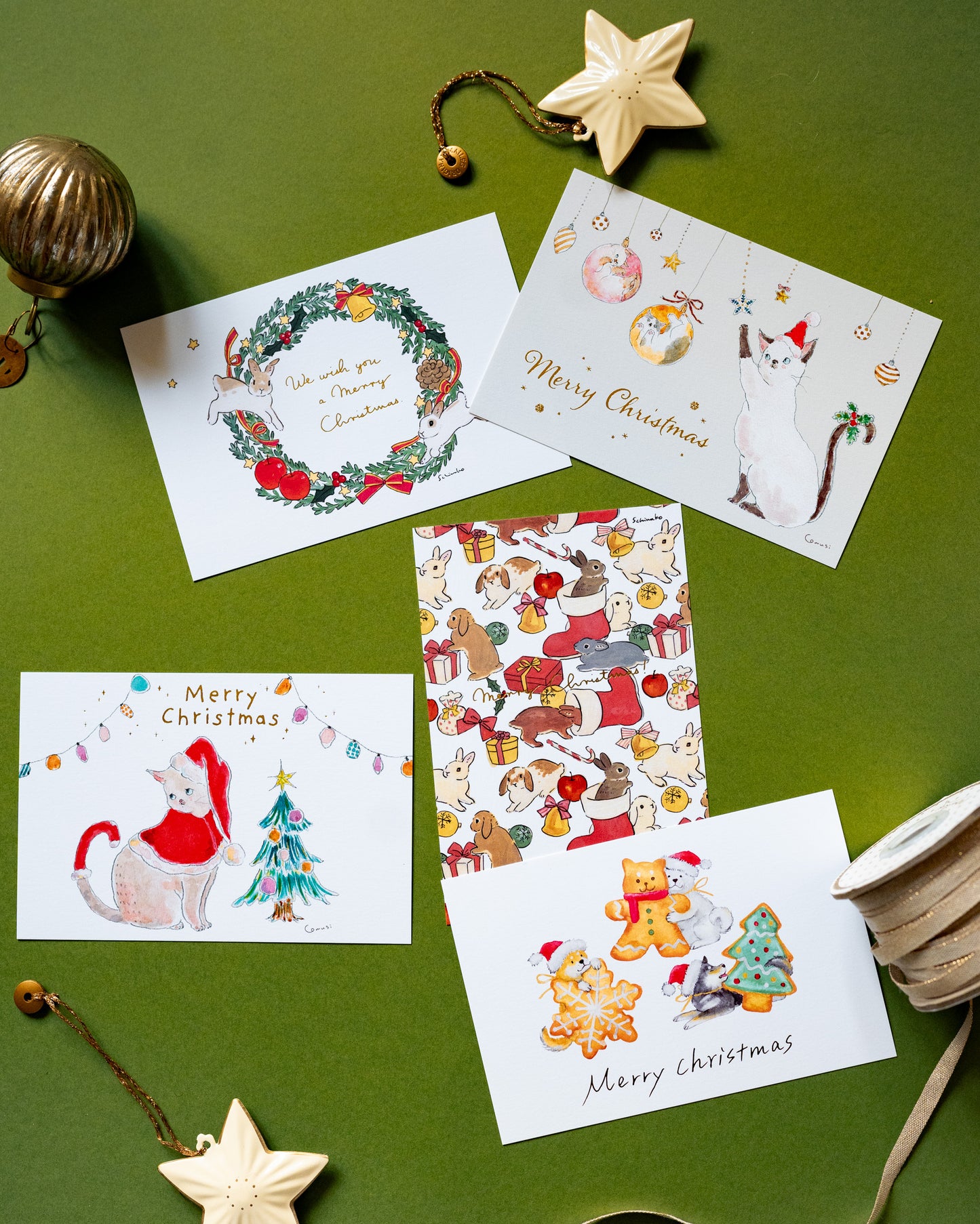 Carte de Noël Chat et Boules de Noël