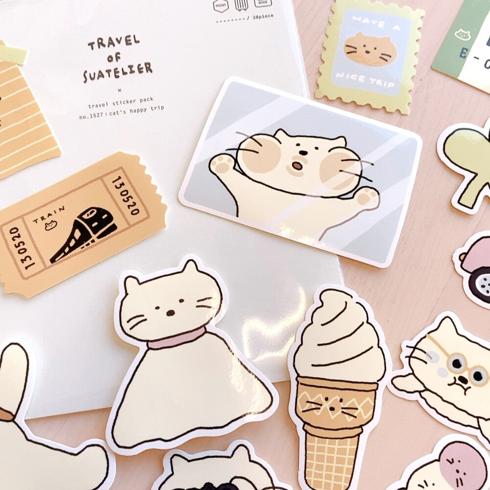 28 Large Happy Trip Cat Stickers Suatelier
