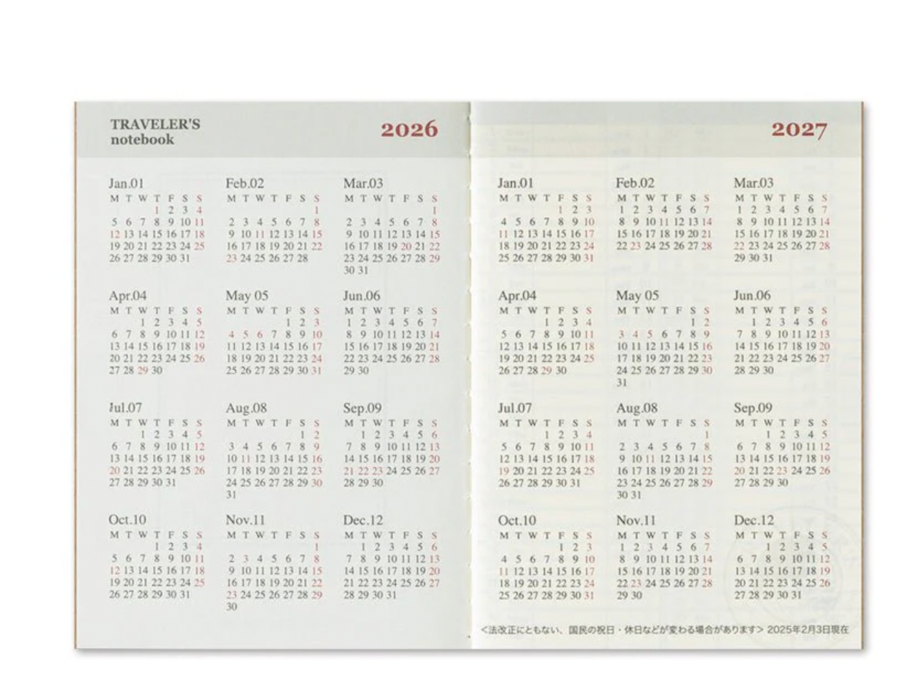 Agenda Semainier 2026 Passeport Traveler's Notebook Company