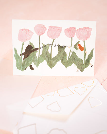 Carte d'Anniversaire Ours Tulipes Necktie