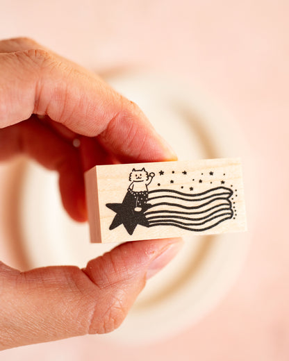Cat and Shooting Star Maple Wood Stamp – Meganehanko