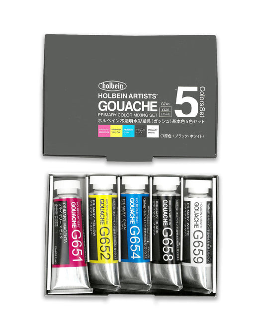 Primary Set of 5 Tubes 15ml Extra-fine Gouache by Holbein Artists'