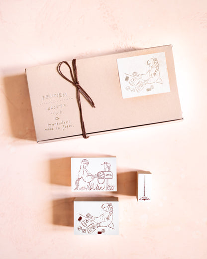 Set de tampons Stamp Girl Cat and Mail Box Hankodori (3 tampons)