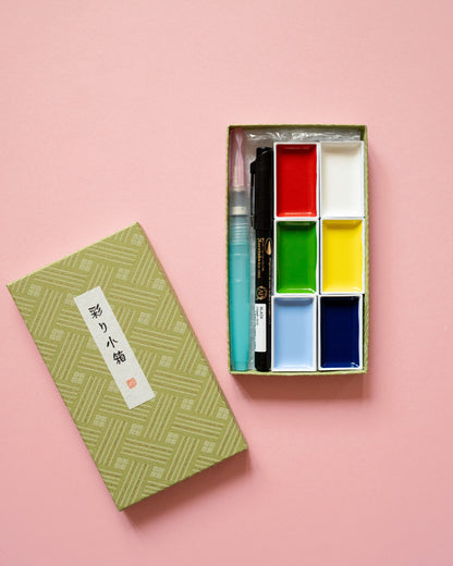 Gansai Tambi Watercolor Paint Set of 6 Colors, Brush and Mangaka Kuretake Marker